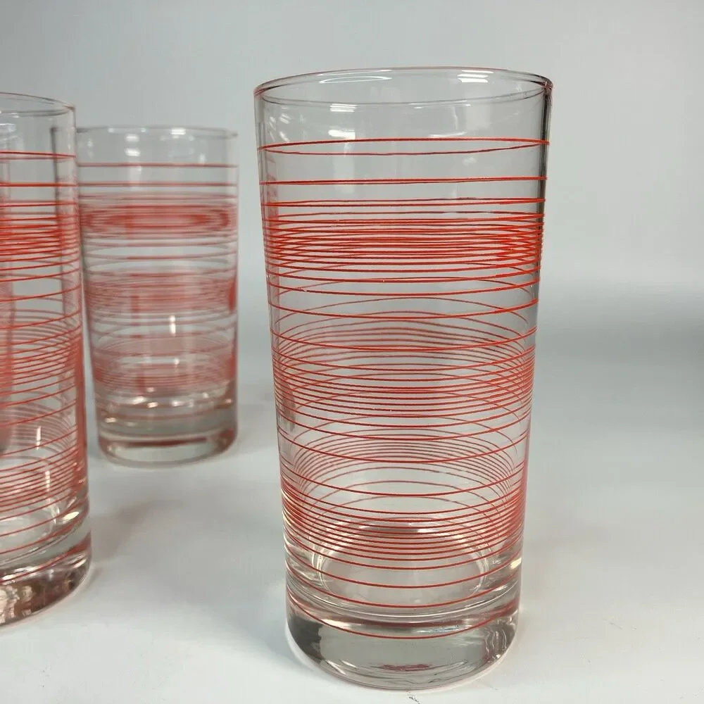 Vtg Lot of 7 Red Thread Stripe Drinking Glasses Tumblers 5.5
